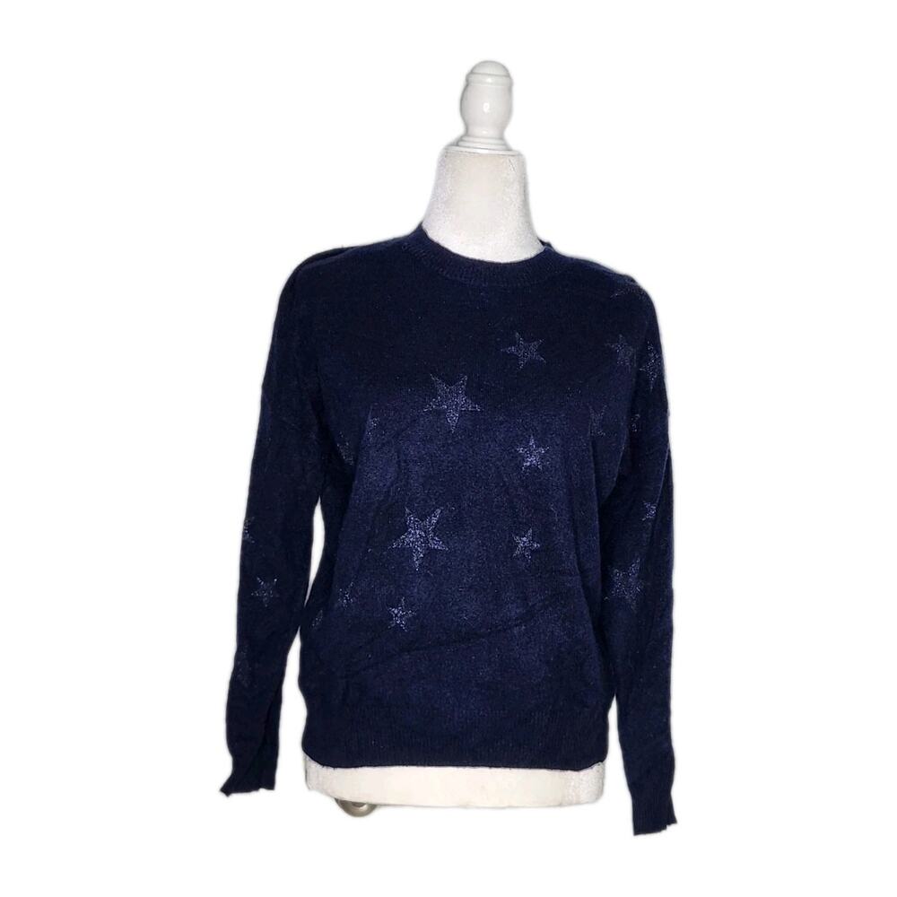 27 Miles Malibu Heathered Navy Sparkle Glitter Star 100% Cashmere Sweater XS/S